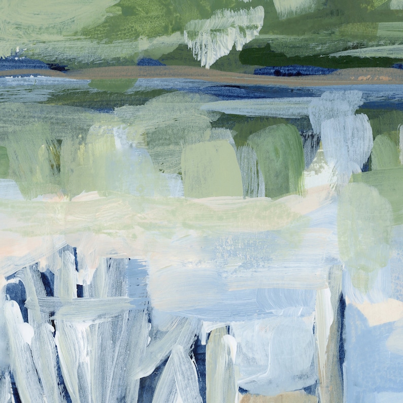 Pode incluir: Pintura abstrata com um tema de paisagem. A pintura apresenta uma variedade de tons de azul, verde e branco. As pinceladas s&atilde;o vis&iacute;veis e criam um efeito texturizado.