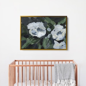 Blumenmalerei | Dunkle Blumen Kunst für stimmungsvolle Pariser Wohnung Dekoration & botanische Wandkunst | &quot;Waking Blooms, No. 1&quot; – Kunstdruck oder Leinwanddruck