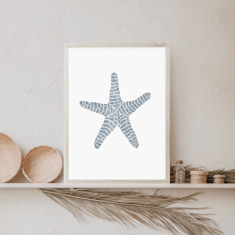 Starfish Wall Art Modern Coastal Nautical Decor Blue & White Sea Star Bathroom Beach Minimalist Starfish Art Print or Canvas image 7