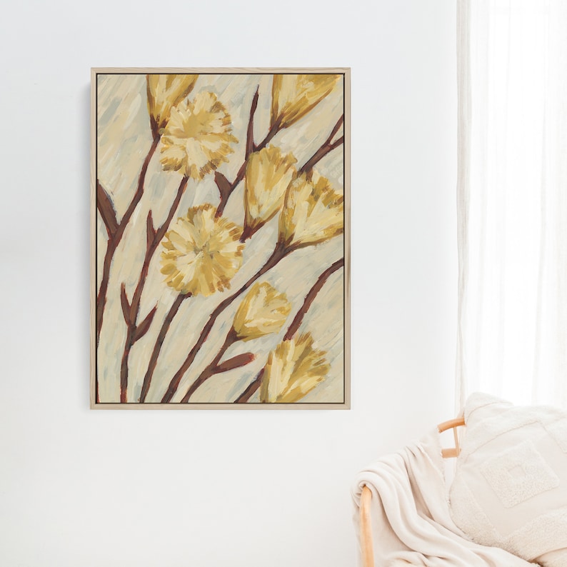 May include: A framed painting of a floral arrangement with yellow flowers and brown stems on a light gray background.