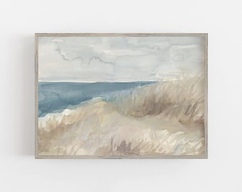 Küsten Aquarell Gemälde Strandlandschaft Kunstwerk Meerlandschaft Neutral Blau und Beige Strandhaus Wandkunst | "At the Banks" - Kunstdruck oder Leinwanddruck."