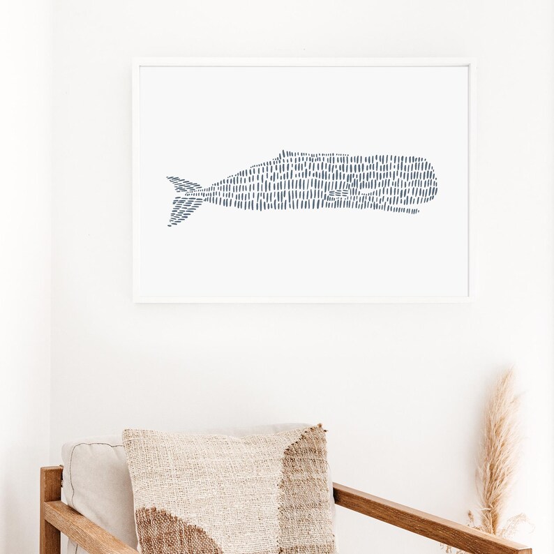 Coastal Decor | Nautical Wall Art with Whale Artwork in Slate Blue for Hamptons Style | "Sperm Whale Illustration" - Art Print or Canvas image 12