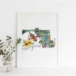 Stampa Maryland / Mappa dello Stato Regalo con Illustrazione di Baltimora per la Città Natale Punto di Riferimento MD Decorazione da Parete / Stampa o Tela