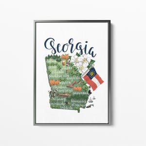 Kaart staat Georgië | Cadeau-idee met Atlanta-illustratie en monument | Muurkunstafdruk of canvas