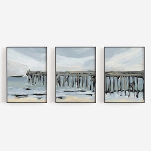 Beach Triptych Decor Coastal Wall Art Pier Painting Large Beachy House Decor | "A Coastal Pier" - Set of 3 - Art Prints or Canvases