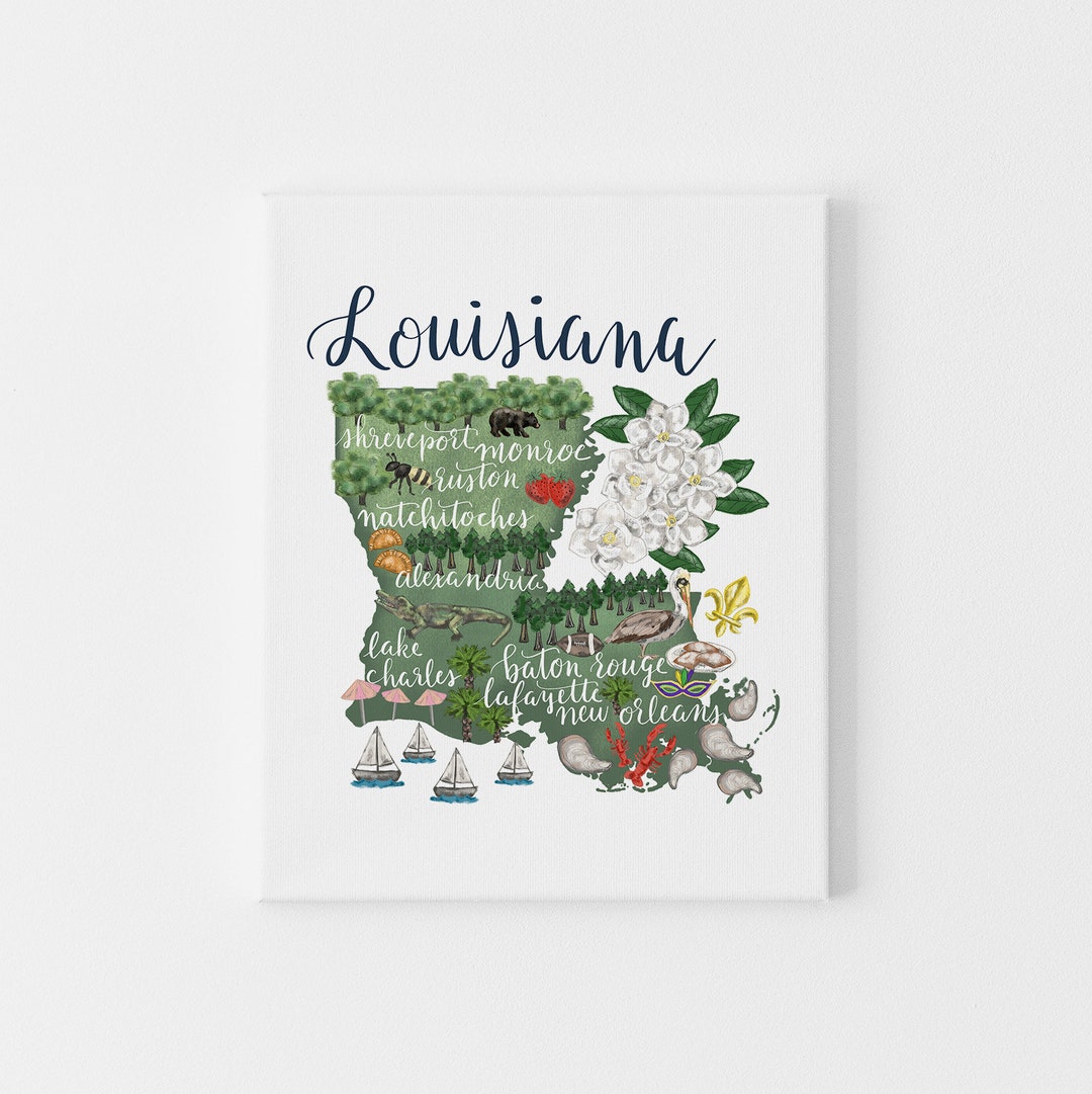 Louisiana State Map Print | Illustrated Hometown Landmark Drawing, Gift ...