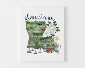 May include: A green and white illustration of the state of Louisiana with the word "Louisiana" written in blue cursive at the top. The illustration includes various cities and landmarks, such as New Orleans, Baton Rouge, and Shreveport, as well as images of flowers, animals, and other symbols.