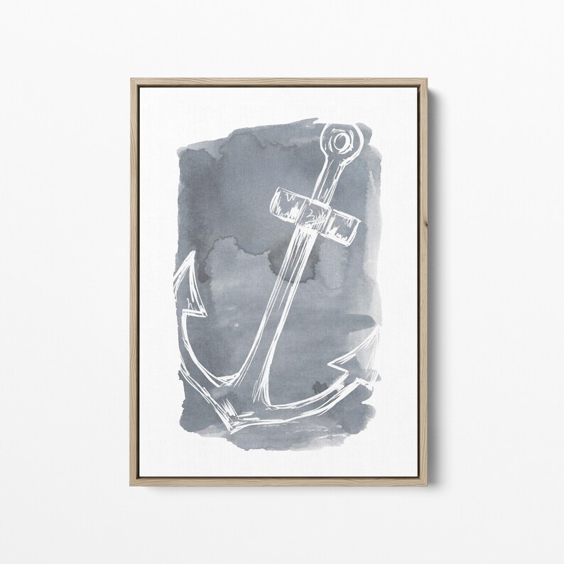 May include: A framed watercolor painting of a white anchor on a gray background.