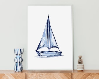Blue Sailboat Decor | Coastal New England Nautical Wall Art Print or Canvas