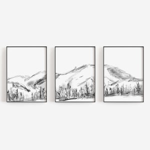 Mountain Print Set Black White Cabin Wall Decor Ski House Winter Triptych | "Mountain Landscape Sketch" - Set of 3 - Art Prints or Canvases