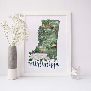 Mississippi Map Art | Home State Sign MS Gift Idea | Landmark Drawing Illustration for Southern Wall Decor - Art Print or Canvas