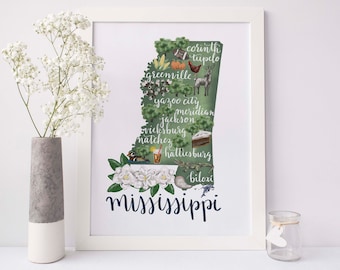 Kaartkunst Mississippi | Home Staatsbord MS cadeau-idee | Oriëntatiepunt tekening illustratie voor zuidelijke muurdecoratie - kunstafdruk of canvas