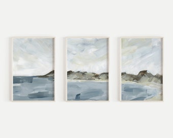 Coastal Wall Art Coastline Painting Beach Decor Modern Shore Neutral Gray and Blue Triptych Set of 3 Prints or Canvases