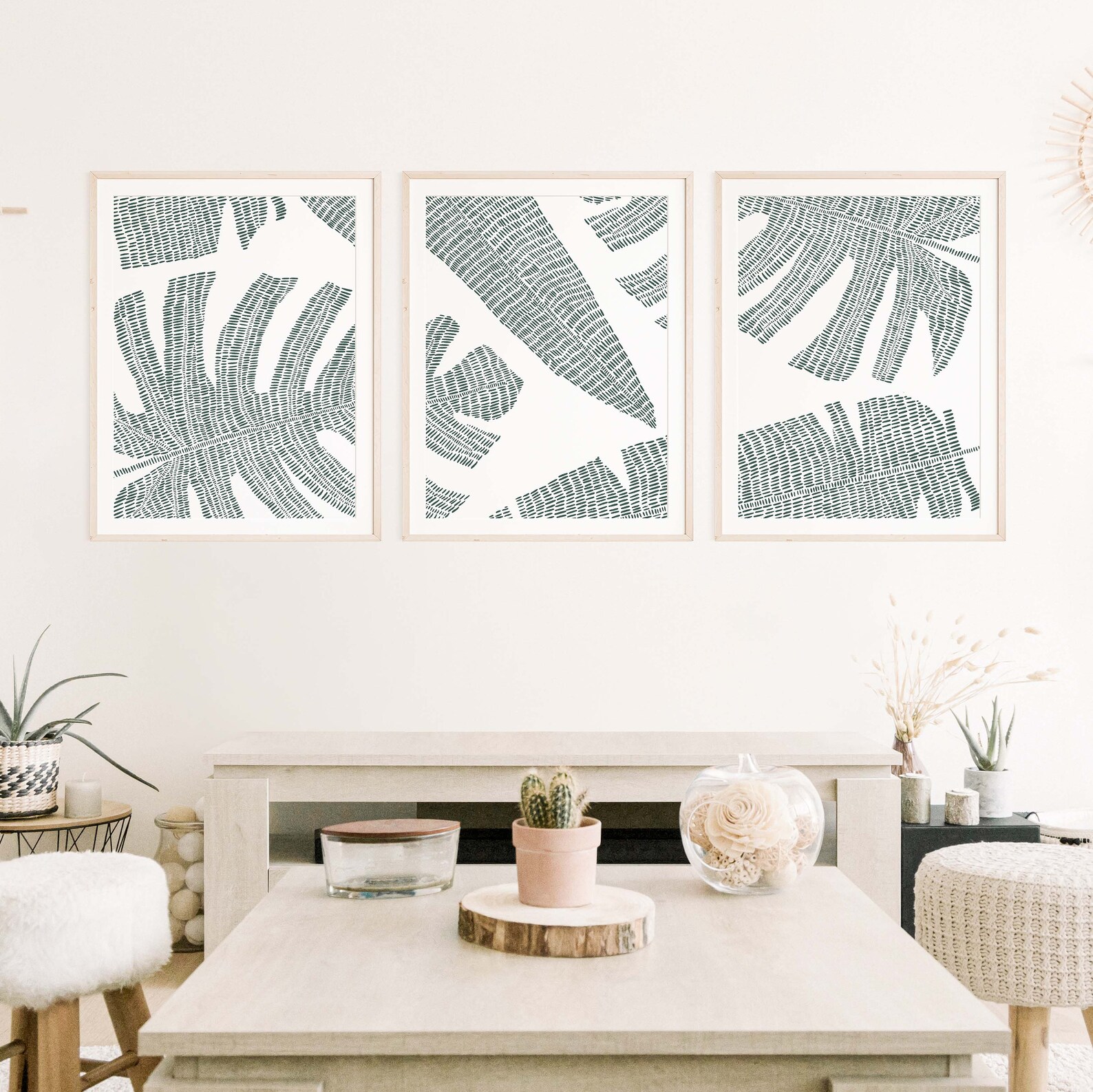 Palm Leaf Art Print Set Tropical Triptych Green and White - Etsy