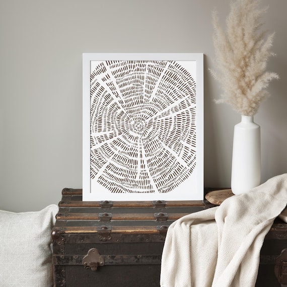 Scandinavian Minimalist Decor | Tree Ring Print, Nordic Cabin Winter Lodge Art | "Modern Tree Ring Drawing" - Art Print or Canvas