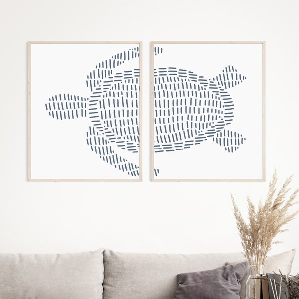 Sea Turtle Print Set Modern Beach House Decor Sea Creature Diptych | "Sea Turtle Illustration" - Set of 2  - Art Prints or Canvases