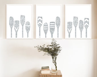 Lake House Decor Paddle Print Set Oar Modern Lakehouse Beach Coastal Triptych | "Lake House Oar Paddles" - Set of 3 - Art Prints or Canvases