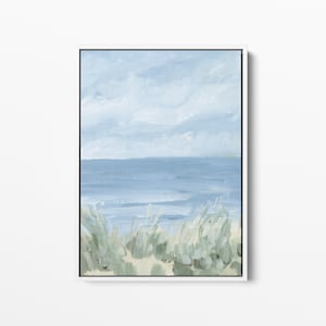 Soft Beach Landscape Painting | Blue & Green Coastal Art for Grandmother&#39;s Seaside Cottage Decor | &quot;Duneside Hideaway&quot; - Art Print or Canvas