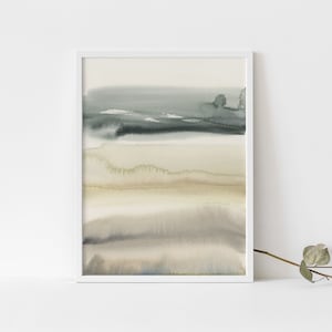 Modern Watercolor Painting Lake House Decor Slate Blue and Beige Landscape Contemporary Wall Art | "Coasting Shores" - Art Print or Canvas