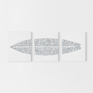 May include: Three white canvases with a black and white abstract design of a dotted pattern in the shape of a leaf. The design is repeated on each canvas.