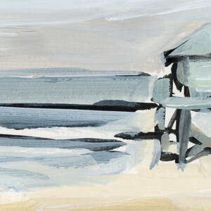 May include: Abstract painting of a beach scene with a lifeguard stand in the background. The painting is done in shades of blue, gray, and white, with hints of beige and black.