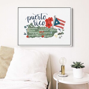 May include: A green and white map of Puerto Rico with the text "puerto rico" in black cursive lettering. The map is decorated with red hibiscus flowers, a blue and white Puerto Rican flag, and small illustrations of birds, boats, and fish. The names of various cities and towns in Puerto Rico are listed on the map.