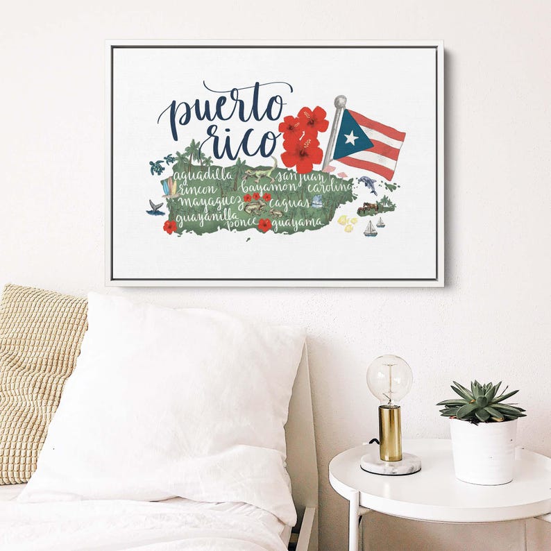 May include: A green and white map of Puerto Rico with the text "puerto rico" in black cursive lettering. The map is decorated with red hibiscus flowers, a blue and white Puerto Rican flag, and small illustrations of birds, boats, and fish. The names of various cities and towns in Puerto Rico are listed on the map.