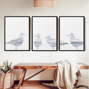 Sea Gull Set | Modern Coastal Decor, Minimalist Seabird Triptych for Beach House | &quot;Sea Gull Gathering&quot; - Set of 3 Art Prints or Canvases