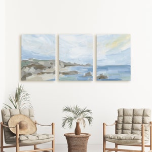 Beach Landscape Painting Set Seascape Artwork Statement Beach House Triptych Coastline in the Morning Set of 3 Art Print or Canvases image 6