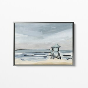 May include: A painting of a beach scene with a lifeguard stand in the foreground. The sky is a light blue with gray clouds. The water is a dark blue with white waves. The sand is a light brown.
