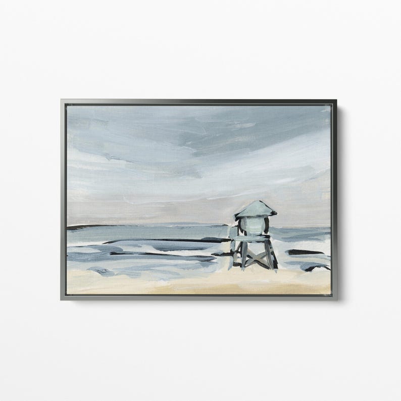May include: A painting of a beach scene with a lifeguard stand in the foreground. The sky is a light blue with gray clouds. The water is a dark blue with white waves. The sand is a light brown.