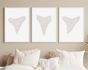 Shark Tooth Decor Modern Coastal Home Decor Beach Nursery Triptych | "Woven Shark Teeth Triptych" - Set of 3 - Wall Art Prints or Canvases