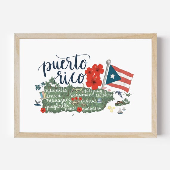 Puerto Rico Map Gift | Illustrated Home Decor State Map Gift Idea | PR Wall Art Print or Canvas