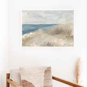 Coastal Watercolor Painting | Beachscape Artwork Seascape in Neutral Blue & Beige for Beach House Art | &quot;At the Banks&quot; - Art Print or Canvas