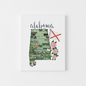 Poster thuisstaatkaart Alabama | Geïllustreerd cadeau-idee van AL Bama voor decoratie in je woonplaats | Muurkunstafdruk of canvas
