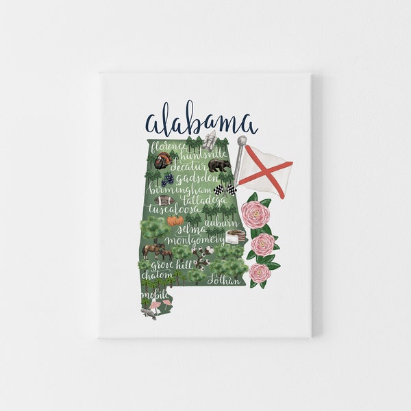Alabama Home State Map Poster Illustrated AL Bama Gift Idea Hometown Map Wall Art Print or Canvas