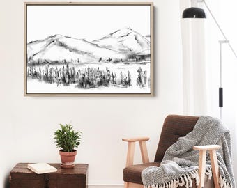 Berg Skizze | Black & White Winter Scene Charcoal für moderne Cabin Decor Forest Art | "Berglandschaft Skizze" - Kunstdruck auf Leinwand