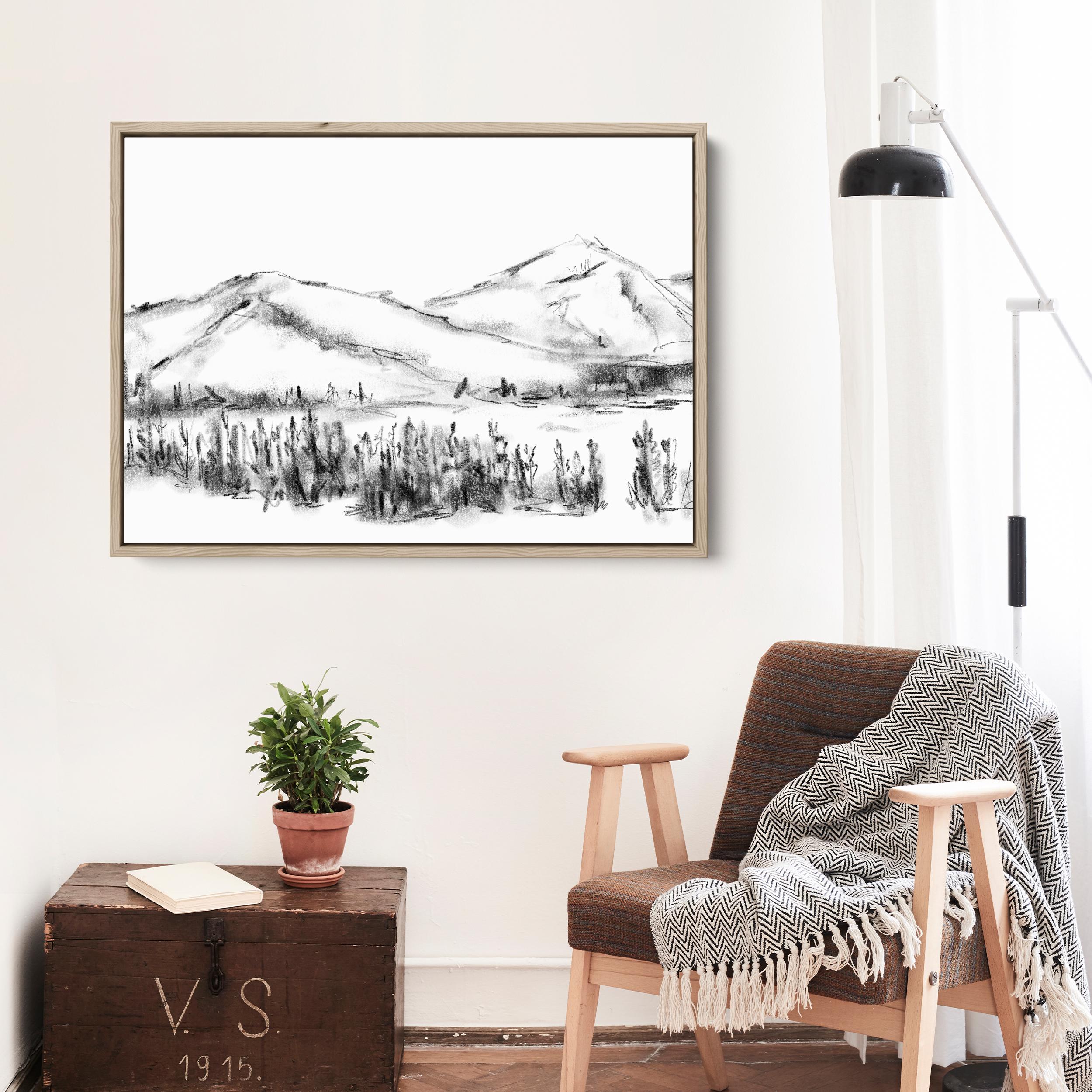 Mountain Sketch | Black & White Winter Scene Charcoal for Modern