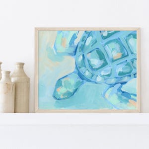Sea Turtle Wall Art | Coastal Beach House Decor in Teal Blue Ocean Tones | &quot;Turtle Drift&quot; – Art Print or Canvas