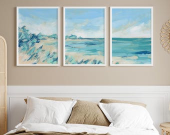 Modern Coastal Turquoise & Blue Beach Decor | “Ocean Solstice” – Set of 3 Prints or Canvases