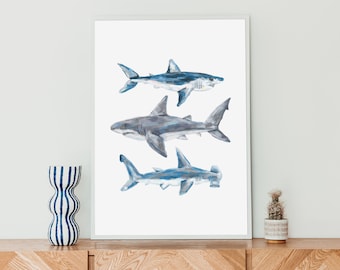 Shark Painting Wall Decor Underwater Ocean Art for Kids Room Nursery Decor | "Great White, Mako + Hammerhead Shark"  - Art Print or Canvas