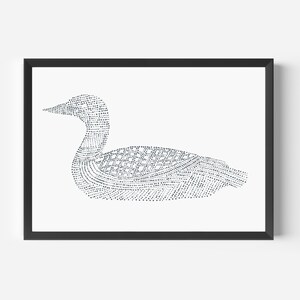 Puede incluir: Una ilustraci&oacute;n en blanco y negro de un colimbo, un tipo de ave, creada con una serie de peque&ntilde;os puntos.
