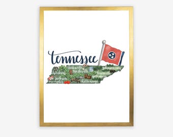 Mappa dello Stato del Tennessee in regalo / Disegno illustrato del Tennessee per la decorazione murale della città natale / Stampa o tela