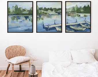 Lake Dock Painting Lakeside Scene Landscape Artwork Statement House Triptych | "The Lakeside Dock" - Set of 3  - Art Prints or Canvases