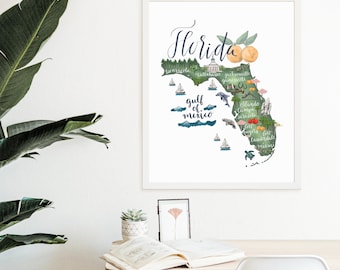Florida Map Wall Art | State Landmark Illustration, Gift Idea Poster | Art Print or Canvas