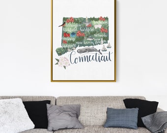 Connecticut State Map | Gift with CT Landmark Illustration | Wall Art Poster Print or Canvas