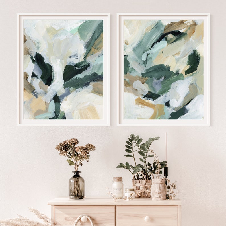 Abstract Painting Green and Beige Modern Contemporary Diptych Artwork Contemporary Greens Set of 2 Art Prints or Canvases image 8