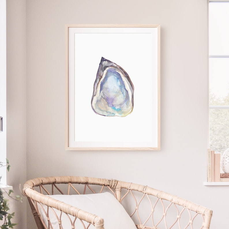May include: Watercolor painting of a single oyster shell with a purple, blue, and green iridescent interior. The shell is painted in shades of gray and brown.