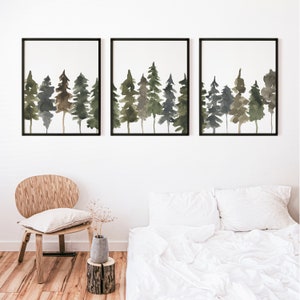 Pine Tree Art Scandinavian Decor Forest Nordic Evergreen Winter Triptych | "Pine Tree Line Watercolor" - Set of 3 - Art Prints or Canvases