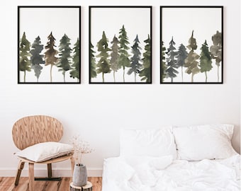 Pine Tree Art | Scandinavian Decor Forest Nordic Christmas Winter Triptych | &quot;Pine Tree Line Watercolor&quot; - Set of 3 - Art Prints or Canvases